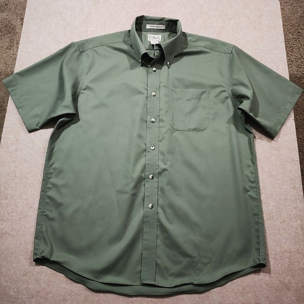 L.L. Bean Olive Green Men's Button Down Wrinkle Resistant Short Sleeve Shirt #6